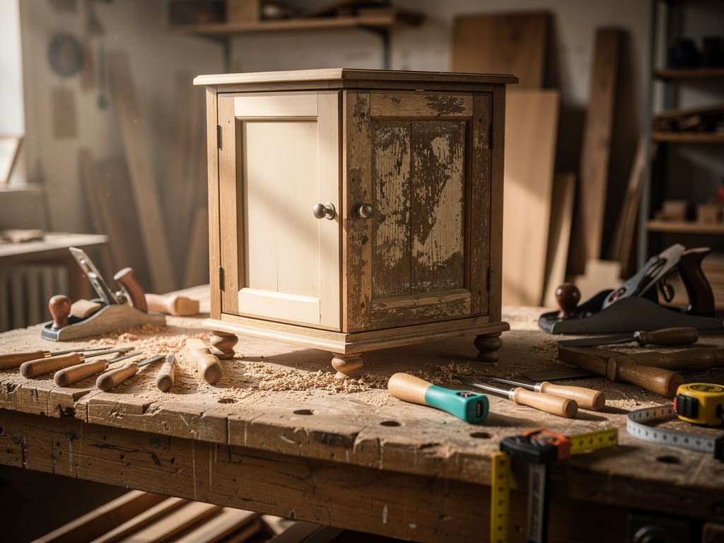 Credenza antica in legno in fase di restauro su un banco da lavoro artigianale